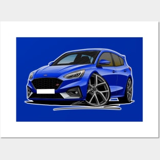 Ford Focus (Mk4) ST Blue Car Caricature Posters and Art